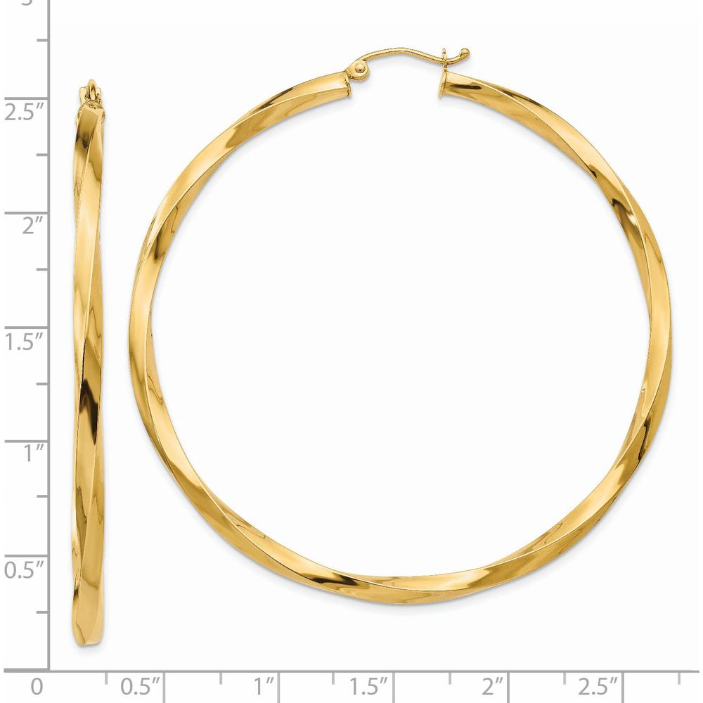 14K Yellow Gold Polished 3mm Twisted Hoop Earrings - 60mm Length by 0
