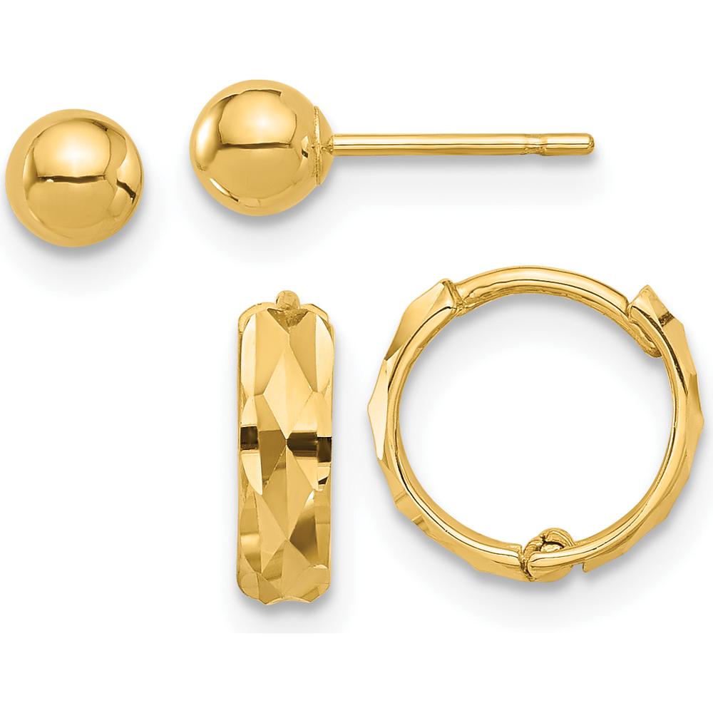 14K Yellow Gold Polished 4mm Ball and Diamond Cut Hoop Earring Set by Oro Pregiato