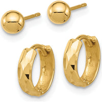 14K Yellow Gold Polished 4mm Ball and Diamond Cut Hoop Earring Set by Oro Pregiato