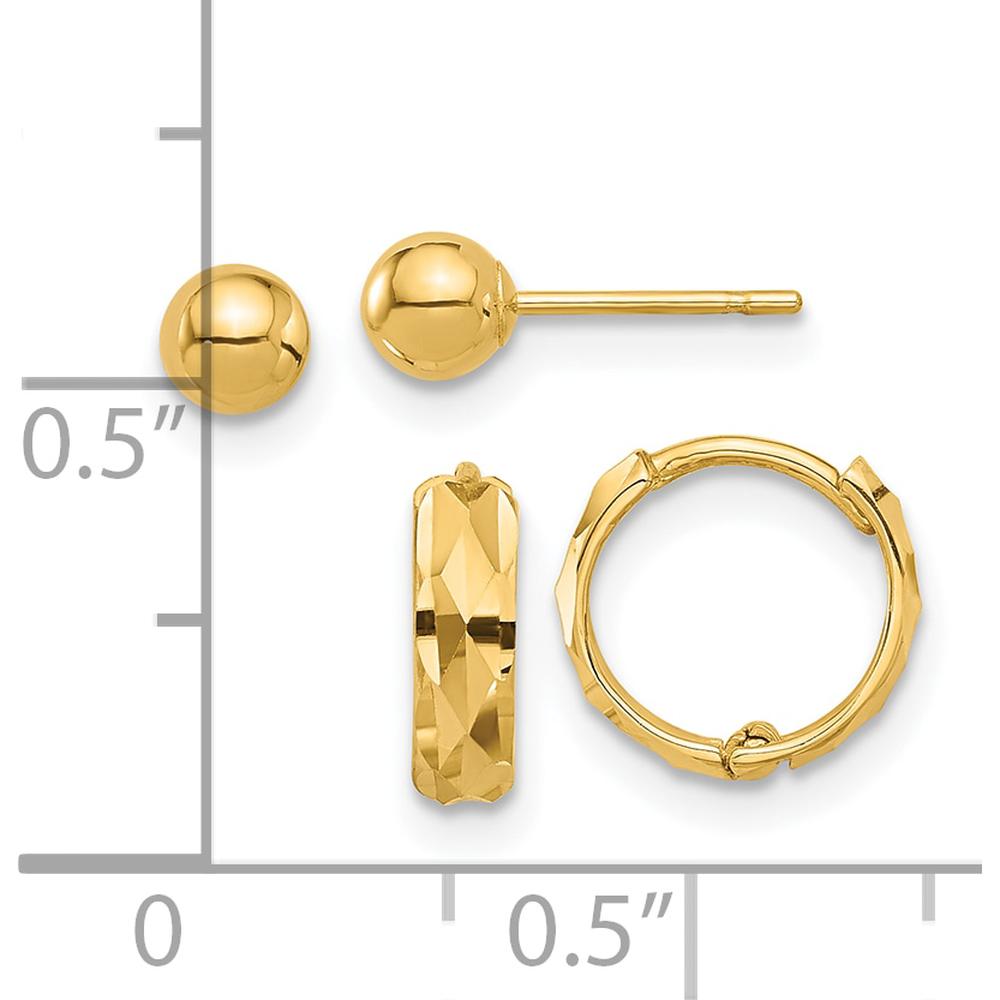 14K Yellow Gold Polished 4mm Ball and Diamond Cut Hoop Earring Set by Oro Pregiato