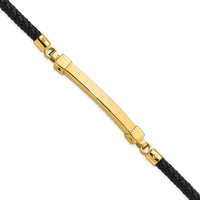 14K Yellow Gold Polished 4mm Bar Braided Black Leather 8" Bracelet by Oro Pregiato
