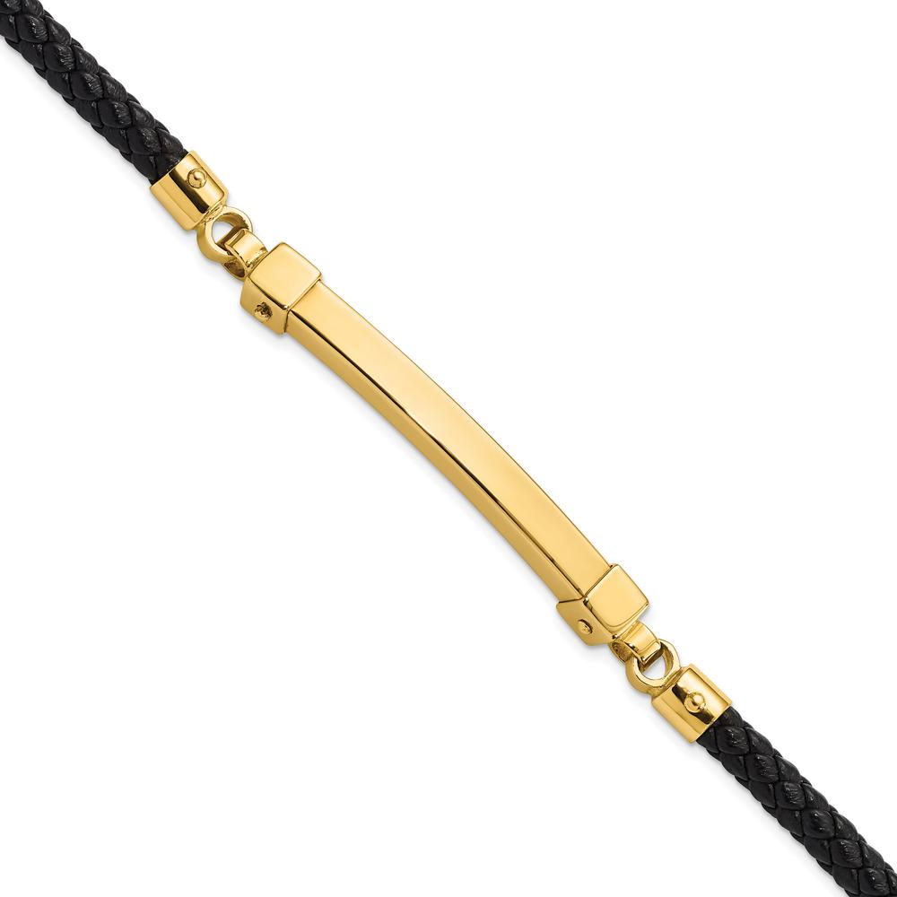 14K Yellow Gold Polished 4mm Bar Braided Black Leather 8" Bracelet by Oro Pregiato