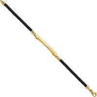 14K Yellow Gold Polished 4mm Bar Braided Black Leather 8" Bracelet by Oro Pregiato