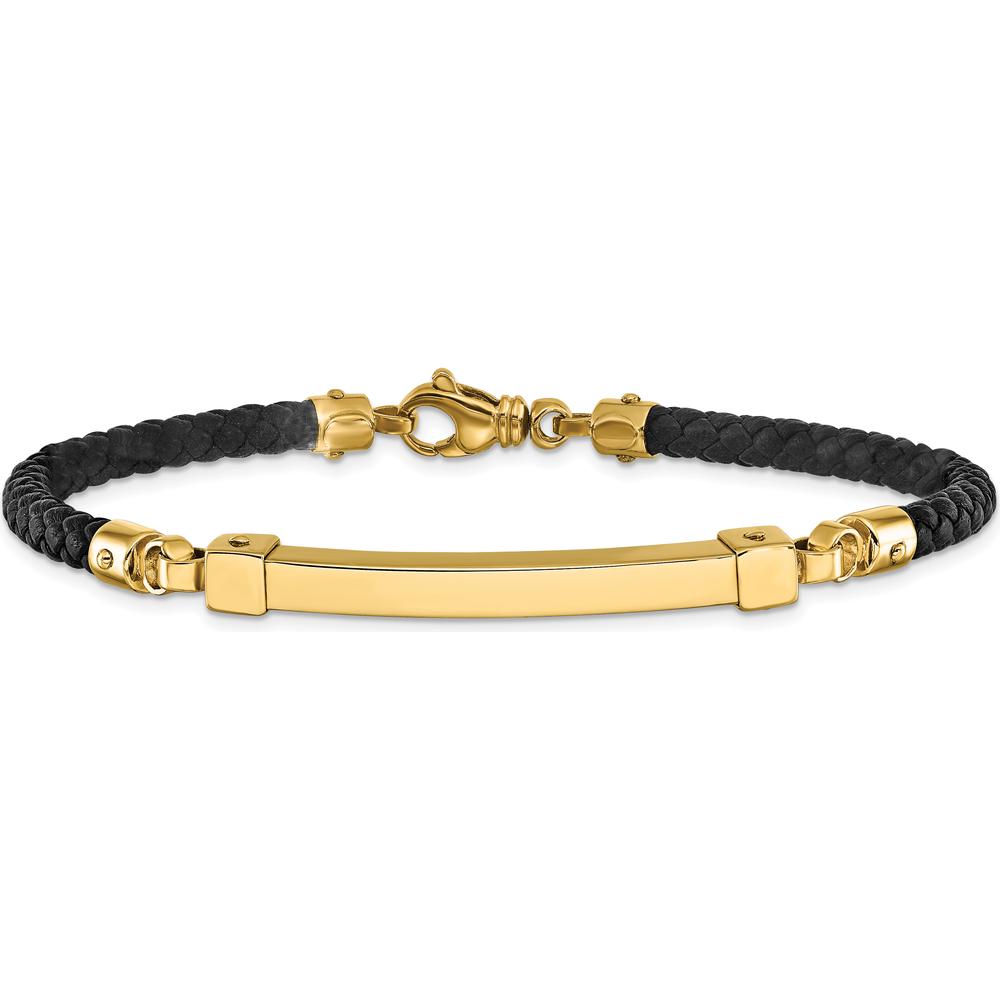 14K Yellow Gold Polished 4mm Bar Braided Black Leather 8" Bracelet by Oro Pregiato