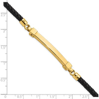 14K Yellow Gold Polished 4mm Bar Braided Black Leather 8" Bracelet by Oro Pregiato