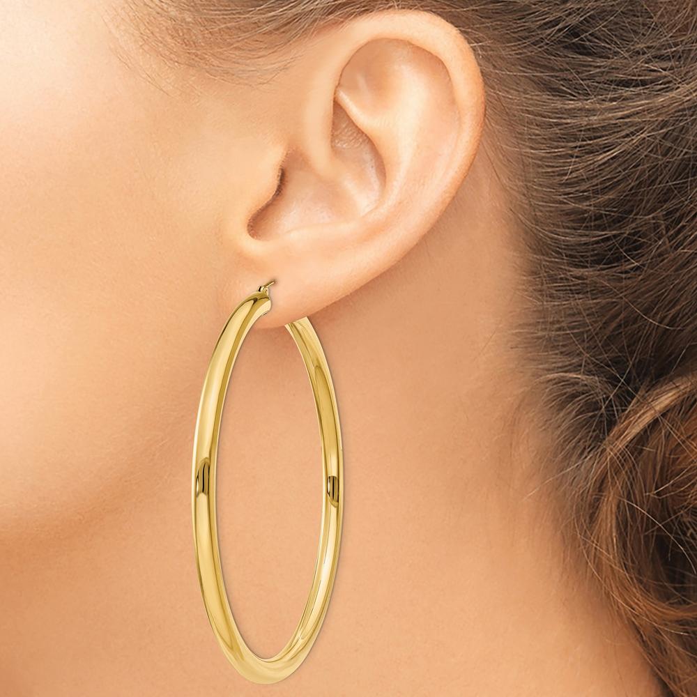 14K Yellow Gold Polished 4mm Lightweight Tube Hoop Earrings - 65mm Length by 0