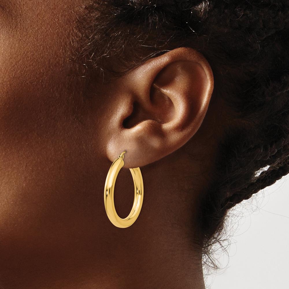 14K Yellow Gold Polished 4mm Tube Hoop Earrings - 30mm Length by 0