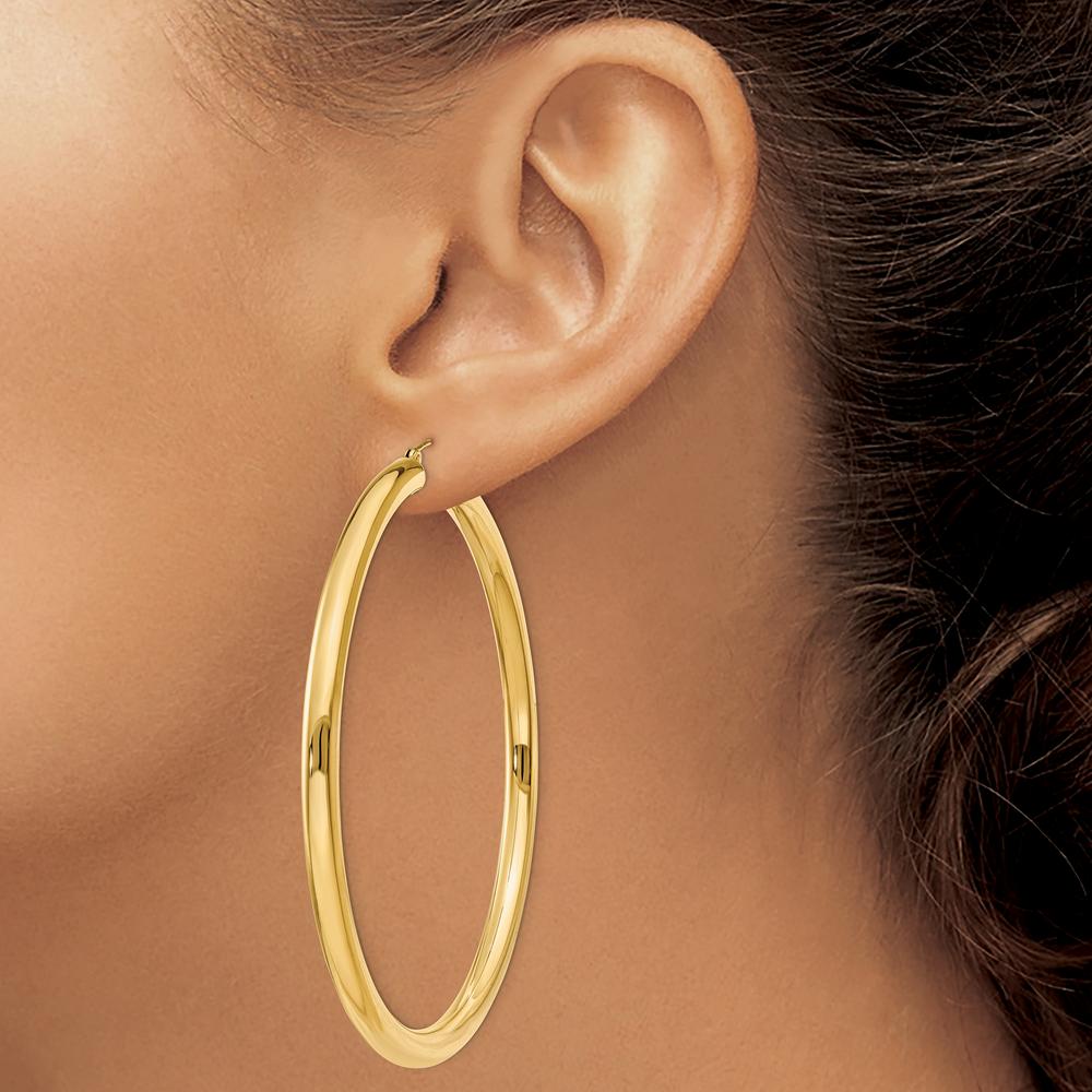 14K Yellow Gold Polished 4mm Tube Hoop Earrings - 65mm Length by 0