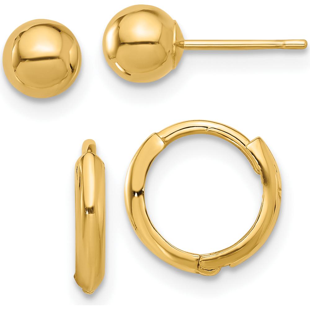 14K Yellow Gold Polished 5mm Ball and Hinged Hoop Earring Set by Oro Pregiato