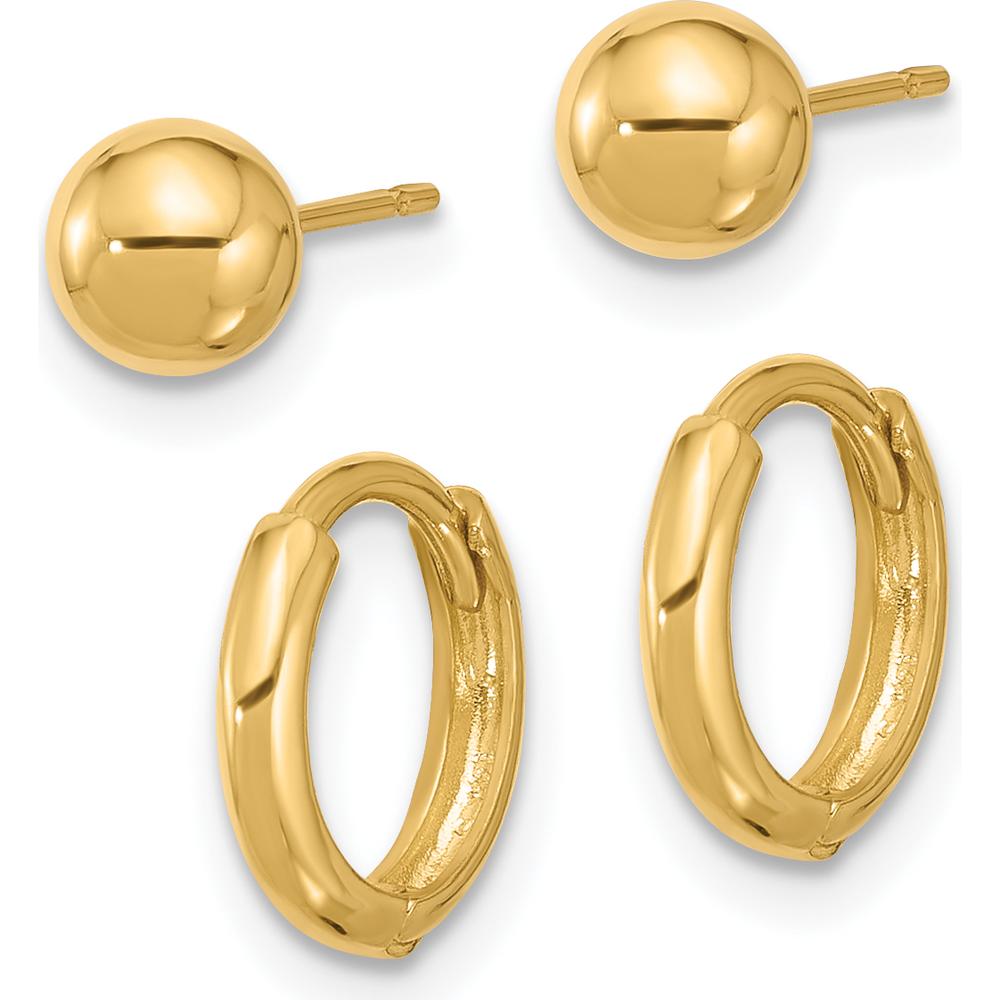 14K Yellow Gold Polished 5mm Ball and Hinged Hoop Earring Set by Oro Pregiato