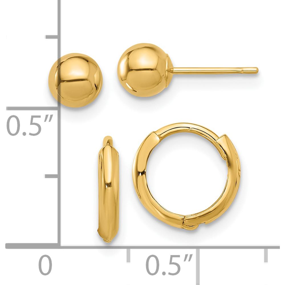 14K Yellow Gold Polished 5mm Ball and Hinged Hoop Earring Set by Oro Pregiato