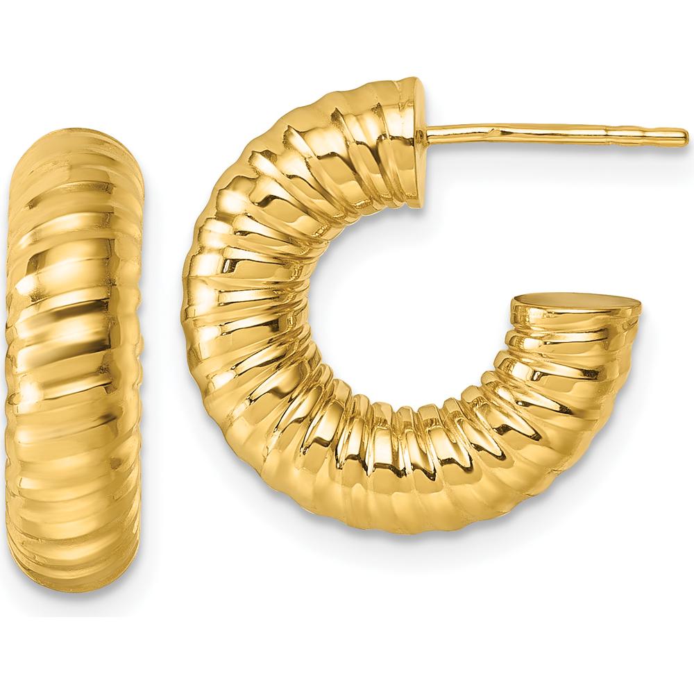 14K Yellow Gold Polished 5mm Textured Tube C-Hoop Post Earrings - 17.5mm Length by 0