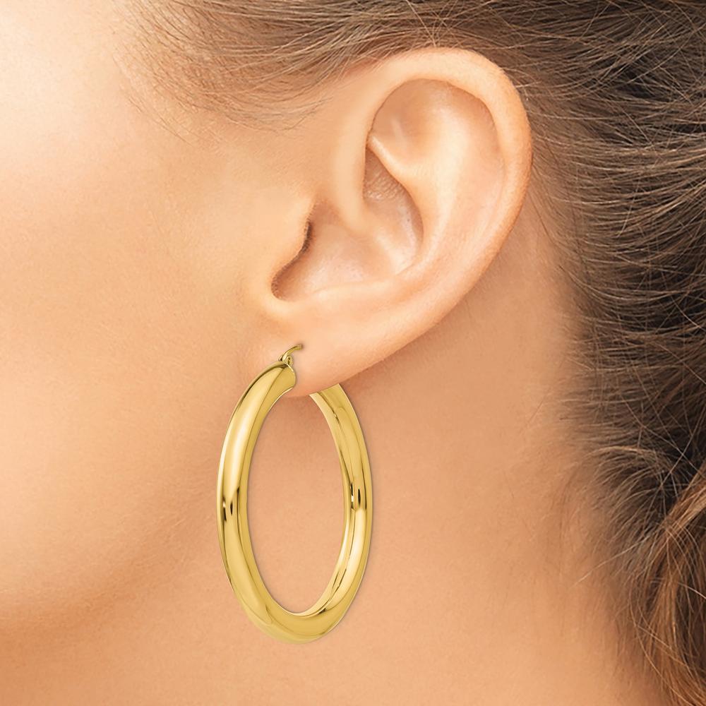 14K Yellow Gold Polished 5mm Tube Hoop Earrings - Elegant Large Hoops with Secure Wire & Clutch Closure by 0