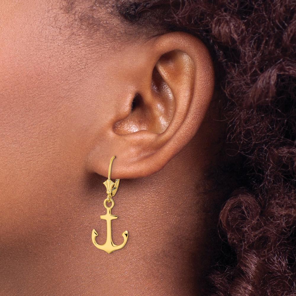 14K Yellow Gold Polished Anchor Drop Leverback Earrings by 0