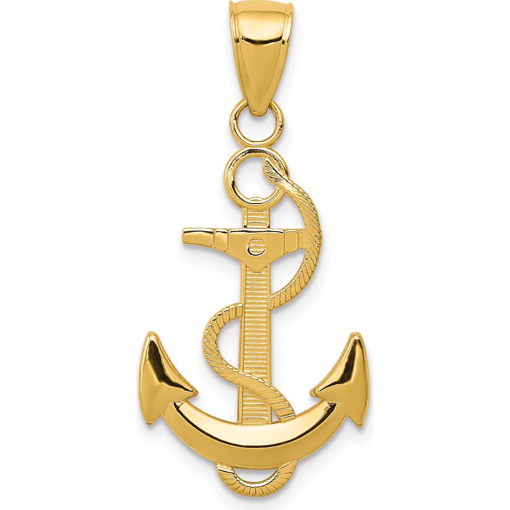 14K Yellow Gold Polished Anchor Pendant with Textured Rope Detail - 32.5mm Length by Oro Pregiato