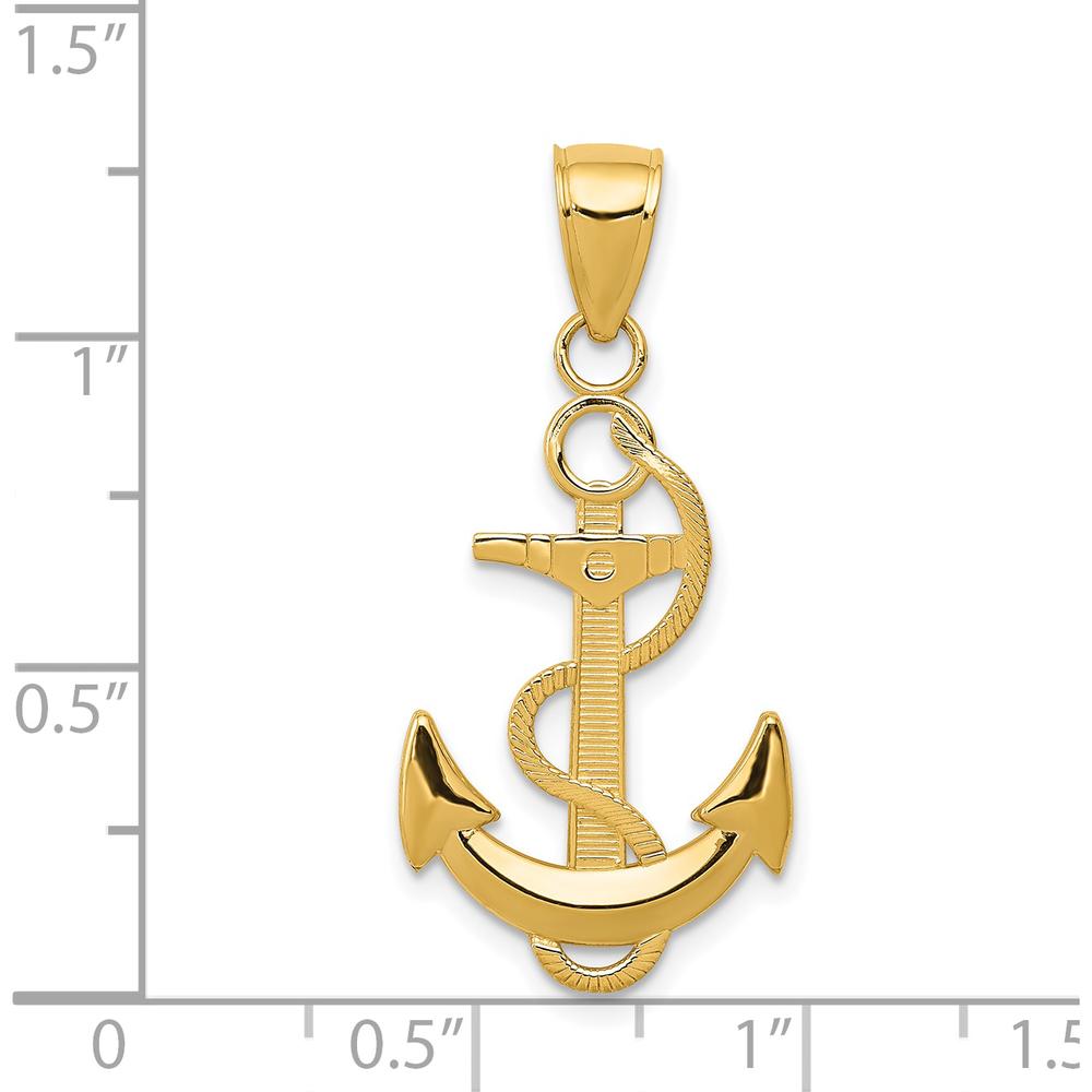 14K Yellow Gold Polished Anchor Pendant with Textured Rope Detail - 32.5mm Length by Oro Pregiato