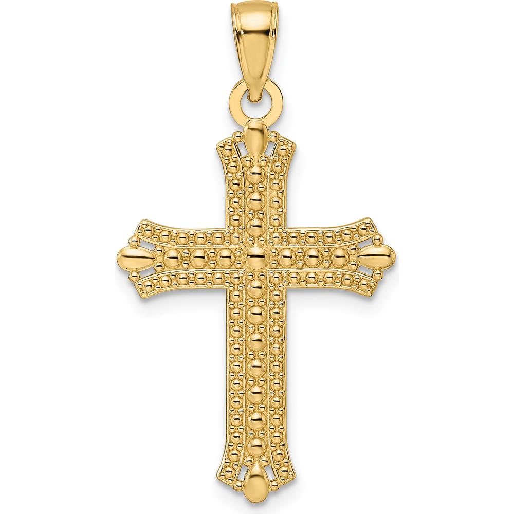 14K Yellow Gold Polished and Beaded Cross Pendant with Pointed Ends - 36.5mm Length by Oro Pregiato
