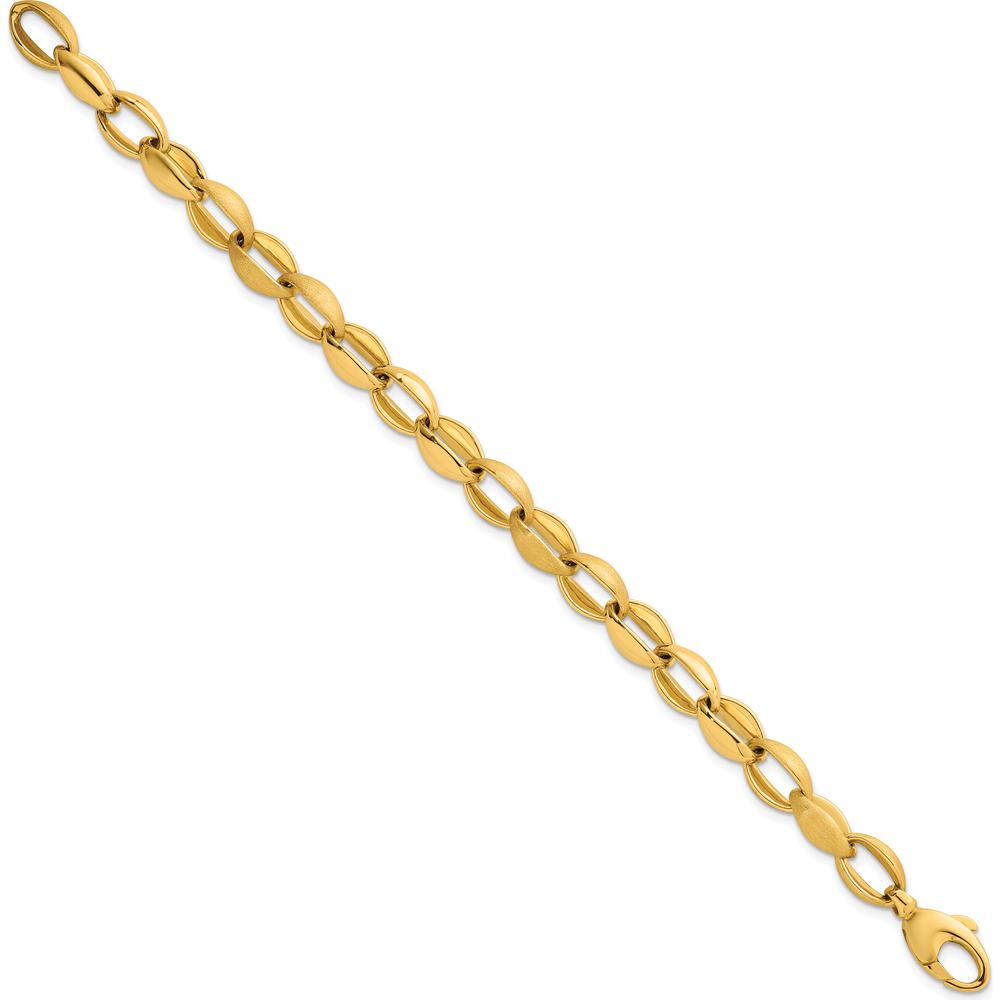 14K Yellow Gold Polished and Brushed 8.15mm Fancy Oval Cable Link Bracelet - 7.25" Length by 0