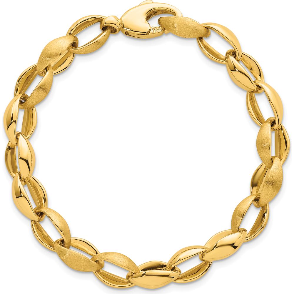 14K Yellow Gold Polished and Brushed 8.15mm Fancy Oval Cable Link Bracelet - 7.25" Length by 0