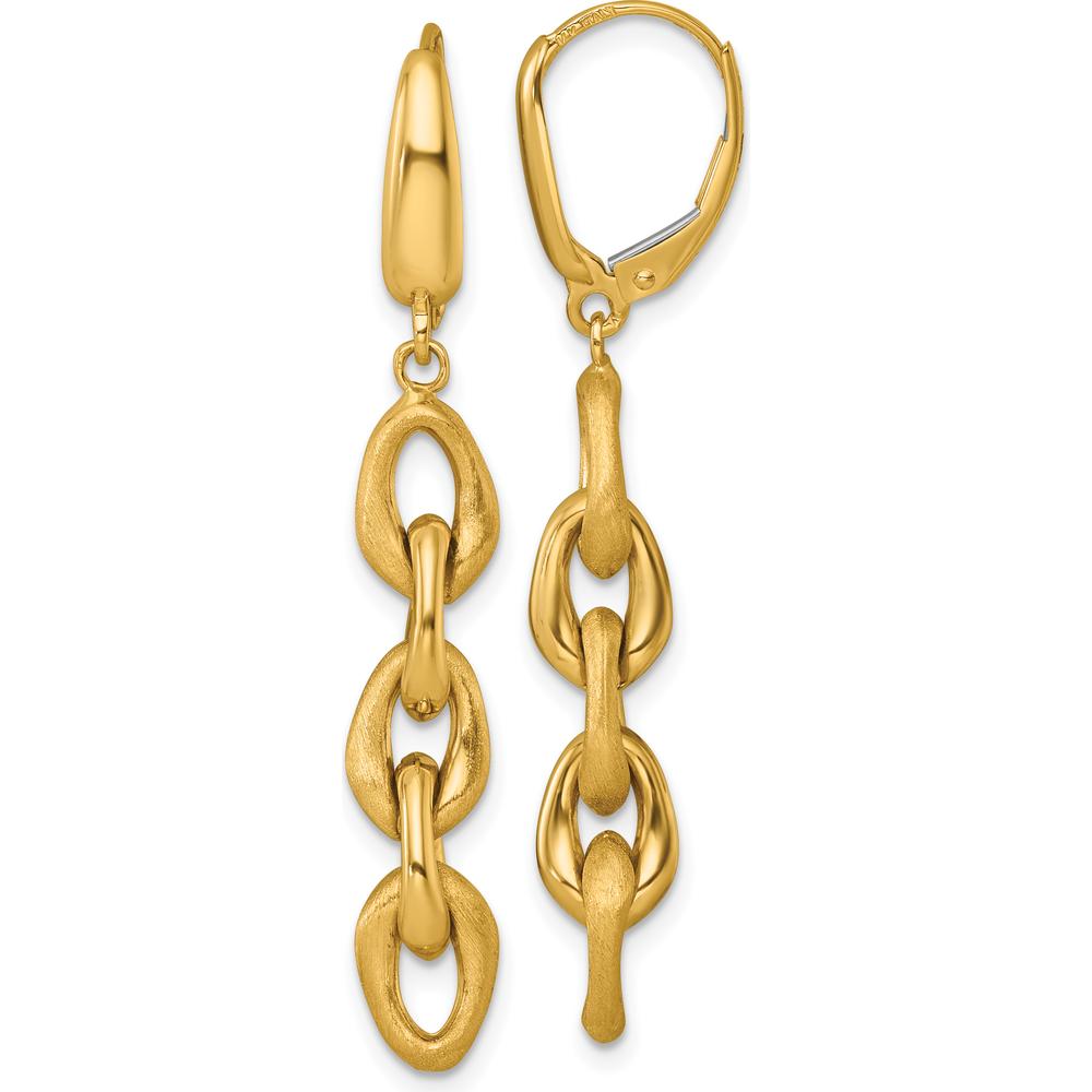 14K Yellow Gold Polished and Brushed Chain Leverback Dangle Earrings - 56mm Length by 0