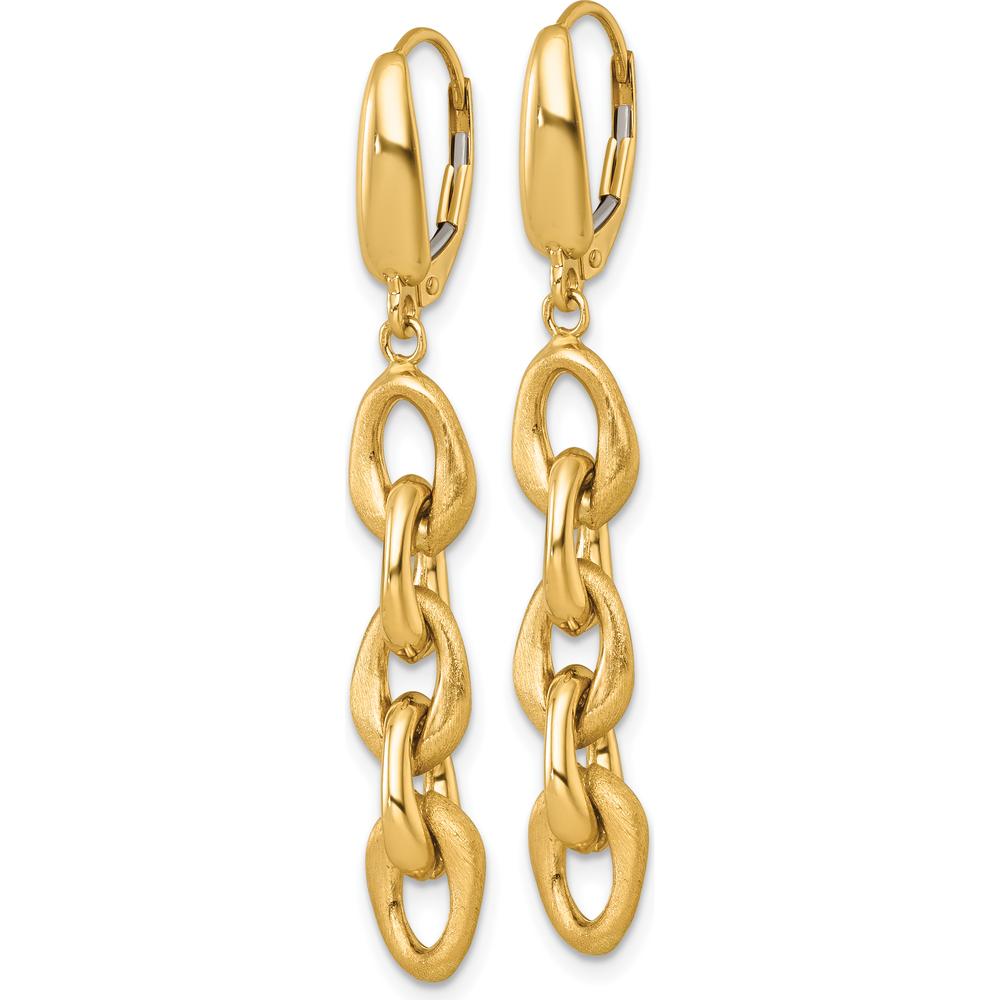14K Yellow Gold Polished and Brushed Chain Leverback Dangle Earrings - 56mm Length by 0