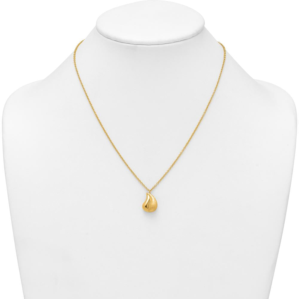 14K Yellow Gold Polished and Brushed Curved Teardrop Pendant Necklace with 16" Cable Chain and 2" Extender by 0