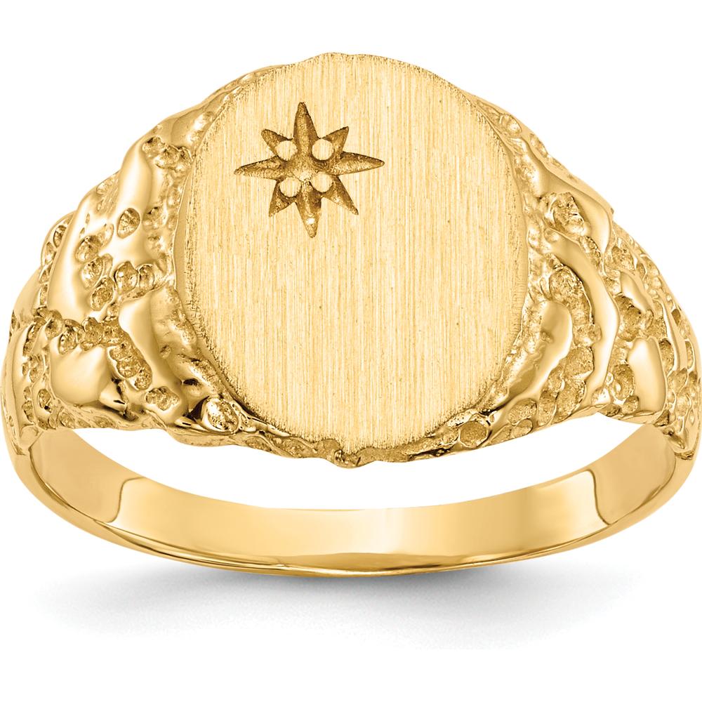 14K Yellow Gold Polished and Brushed Diamond Signet Ring with Engravable Surface - 9.0x11.0mm Top Width by 0