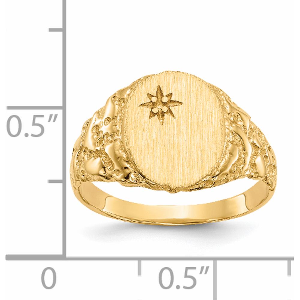 14K Yellow Gold Polished and Brushed Diamond Signet Ring with Engravable Surface - 9.0x11.0mm Top Width by 0