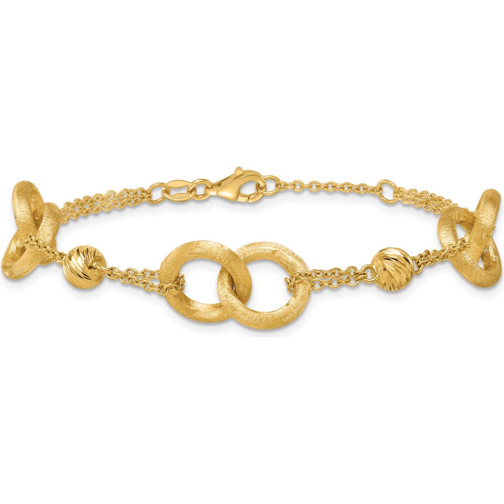 14K Yellow Gold Polished and Brushed Double Loop Link Bracelet with 0.75" Extender by 0