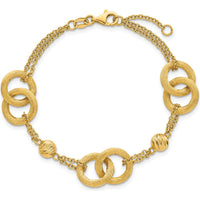 14K Yellow Gold Polished and Brushed Double Loop Link Bracelet with 0.75" Extender by 0