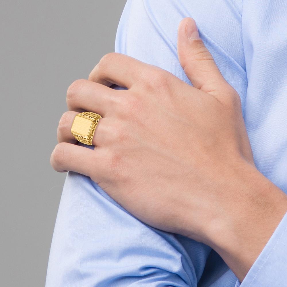 14K Yellow Gold Polished & Brushed Open Back Men's Signet Ring with Engravable Face by 0