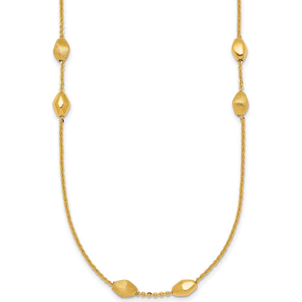 14K Yellow Gold Polished and Brushed Oval Beaded 24" Necklace with Cable Link Chain by 0
