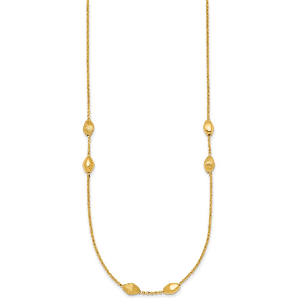 14K Yellow Gold Polished and Brushed Oval Beaded 24" Necklace with Cable Link Chain by 0