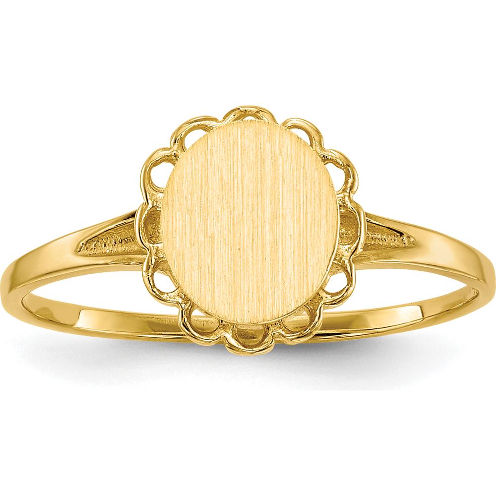 14K Yellow Gold Polished and Brushed Satin Finish Signet Ring - Engravable, 6.5x7.5mm Top by 0
