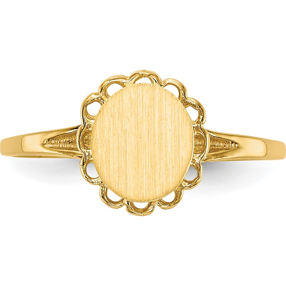 14K Yellow Gold Polished and Brushed Satin Finish Signet Ring - Engravable, 6.5x7.5mm Top by 0