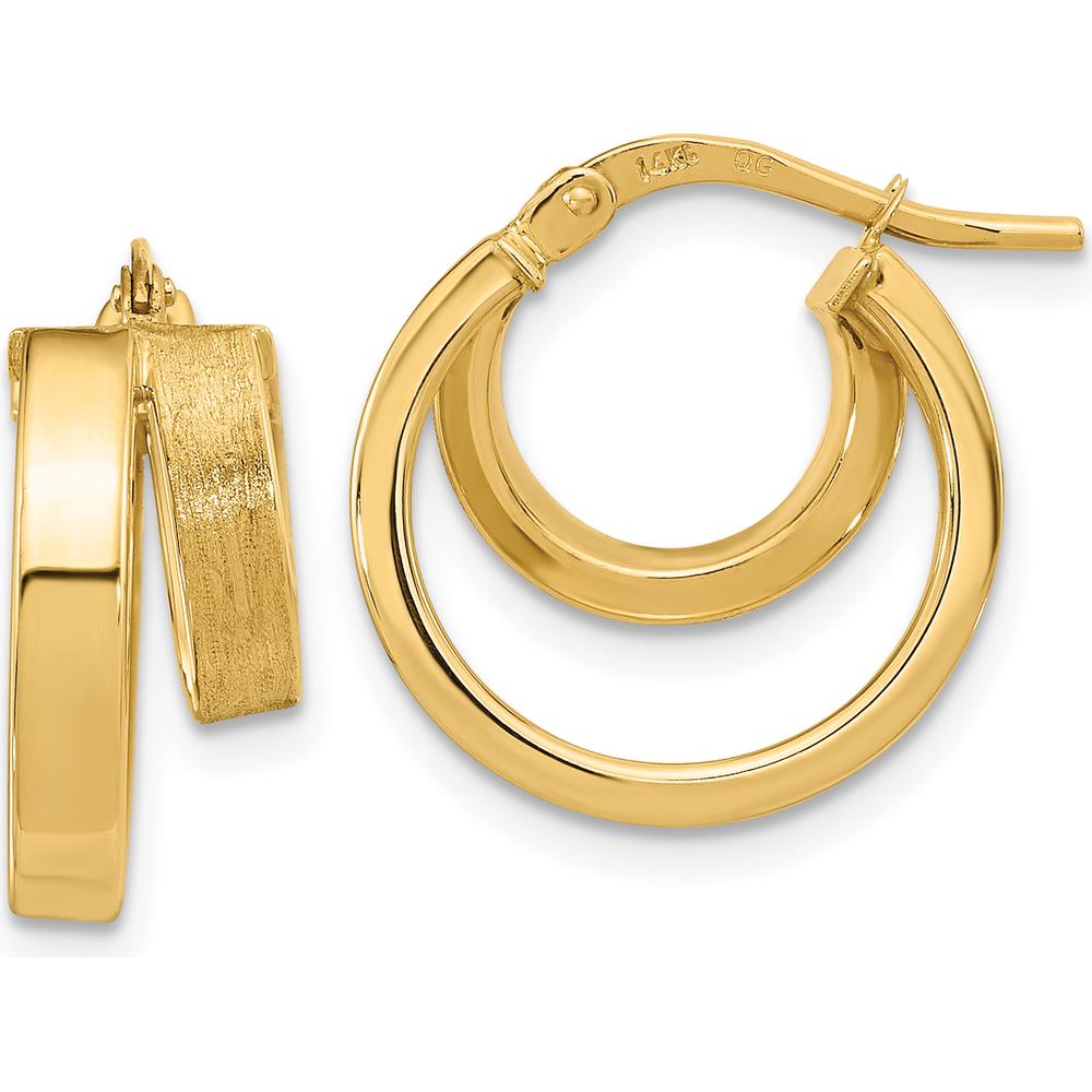 14K Yellow Gold Polished and Brushed Square Tube Double Hoop Earrings by 0