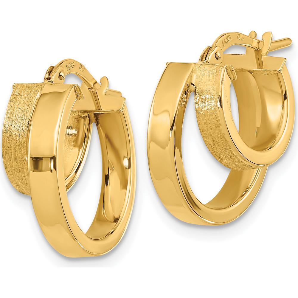 14K Yellow Gold Polished and Brushed Square Tube Double Hoop Earrings by 0