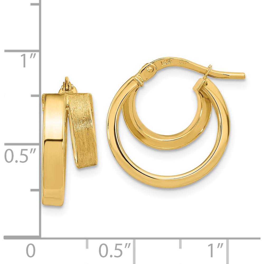 14K Yellow Gold Polished and Brushed Square Tube Double Hoop Earrings by 0