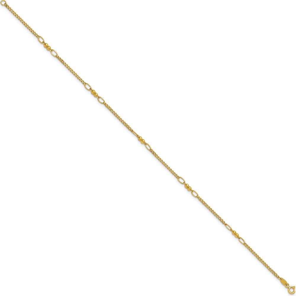 14K Yellow Gold Polished and Diamond-Cut 5-Station Beaded Anklet - 10" Length