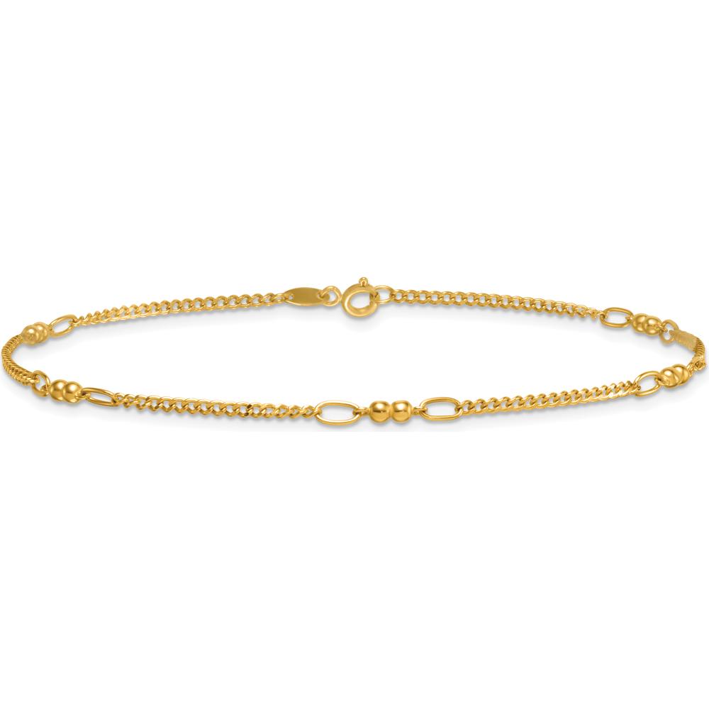 14K Yellow Gold Polished and Diamond-Cut 5-Station Beaded Anklet - 10" Length