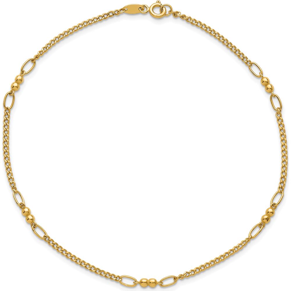 14K Yellow Gold Polished and Diamond-Cut 5-Station Beaded Anklet - 10" Length