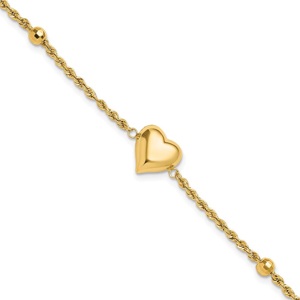 14K Yellow Gold Polished and Diamond-Cut Beaded Puffed Heart Bracelet - 7.75" by Oro Pregiato