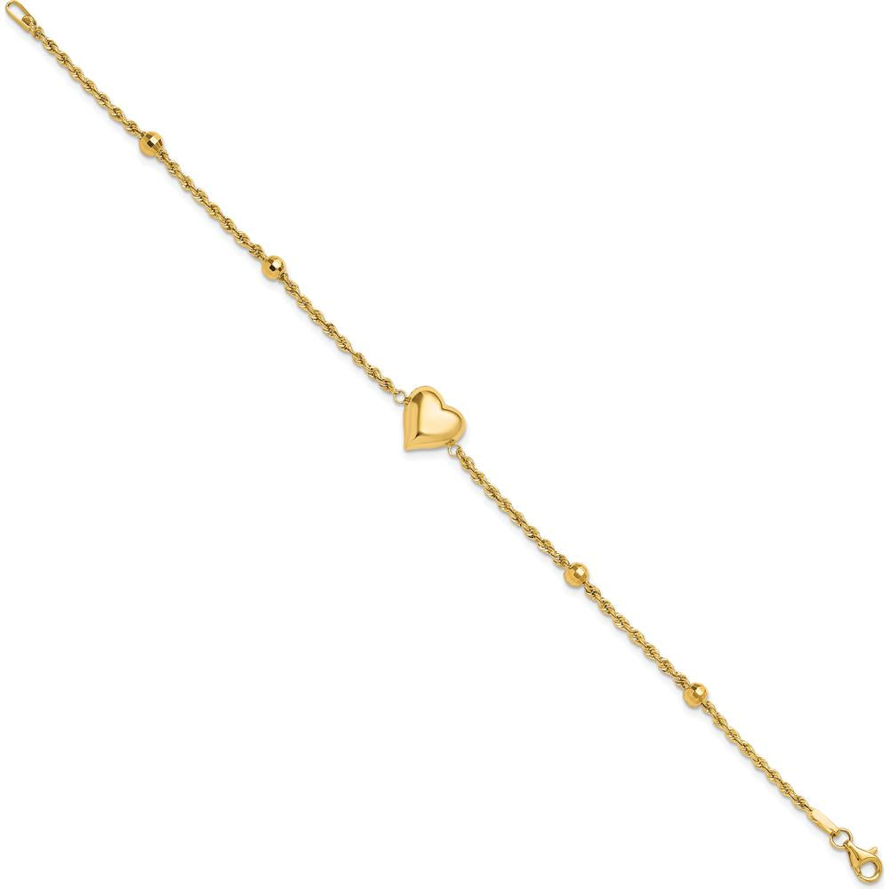 14K Yellow Gold Polished and Diamond-Cut Beaded Puffed Heart Bracelet - 7.75" by Oro Pregiato