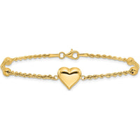 14K Yellow Gold Polished and Diamond-Cut Beaded Puffed Heart Bracelet - 7.75" by Oro Pregiato