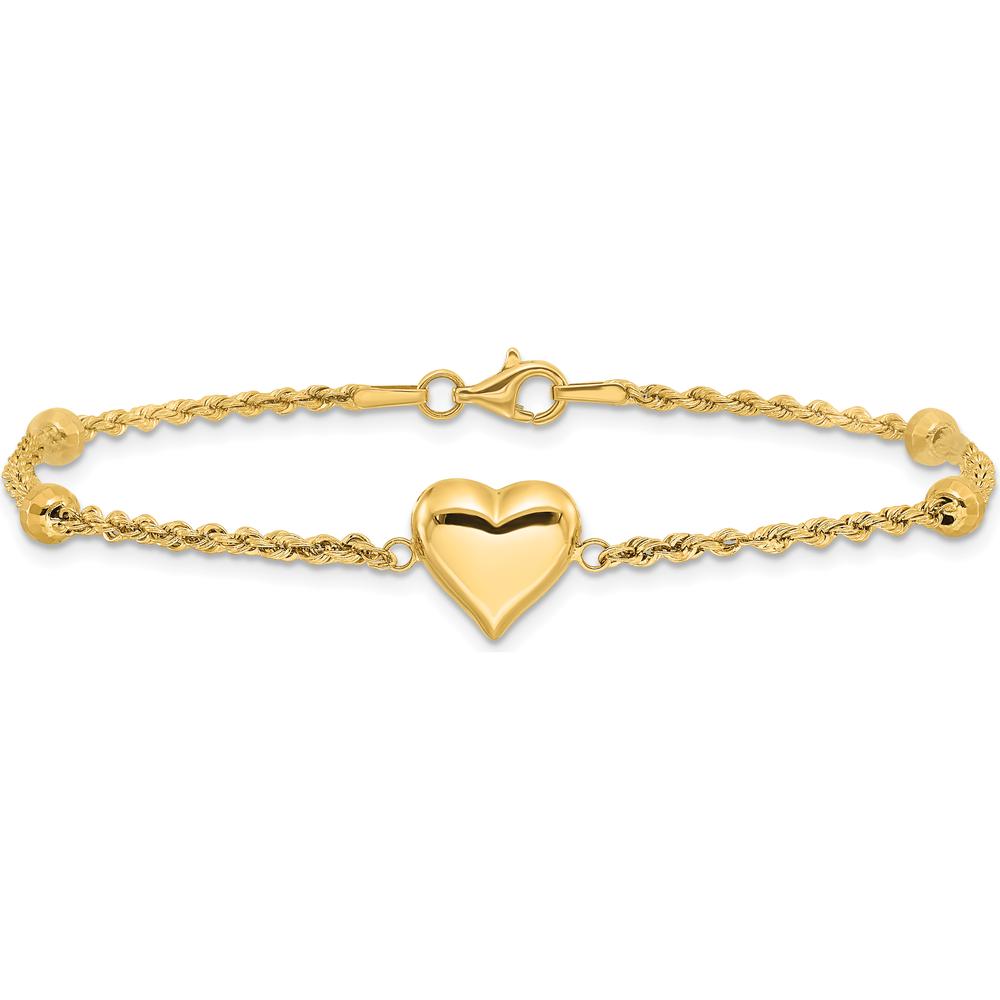 14K Yellow Gold Polished and Diamond-Cut Beaded Puffed Heart Bracelet - 7.75" by Oro Pregiato