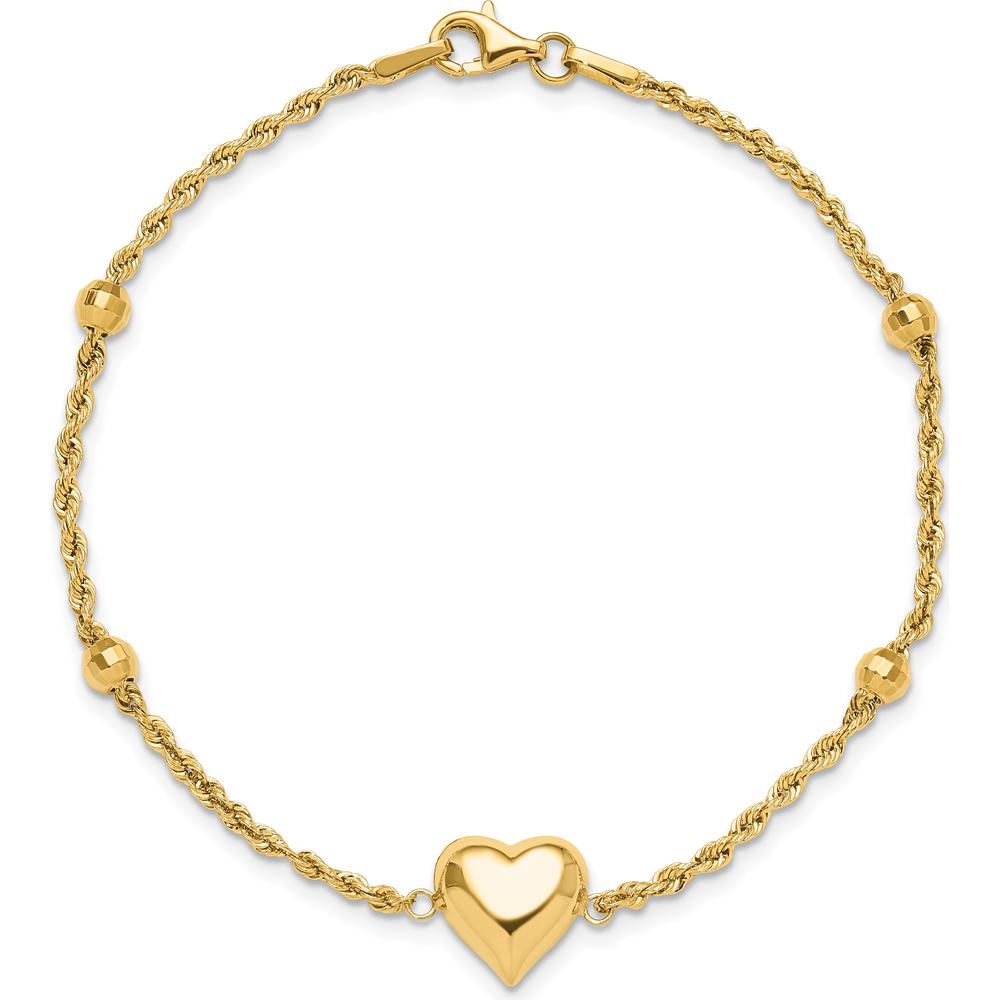 14K Yellow Gold Polished and Diamond-Cut Beaded Puffed Heart Bracelet - 7.75" by Oro Pregiato
