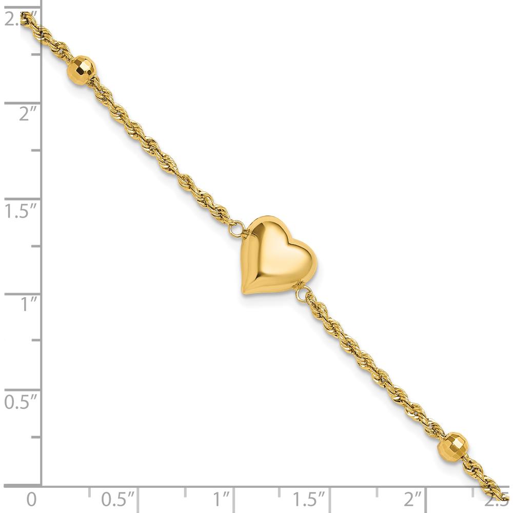 14K Yellow Gold Polished and Diamond-Cut Beaded Puffed Heart Bracelet - 7.75" by Oro Pregiato