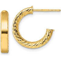 14K Yellow Gold Polished and Diamond-Cut C-Hoop Post Earrings - 15.25mm Length by 0