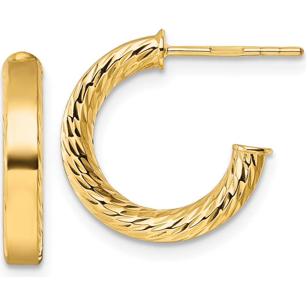 14K Yellow Gold Polished and Diamond-Cut C-Hoop Post Earrings - 15.25mm Length by 0