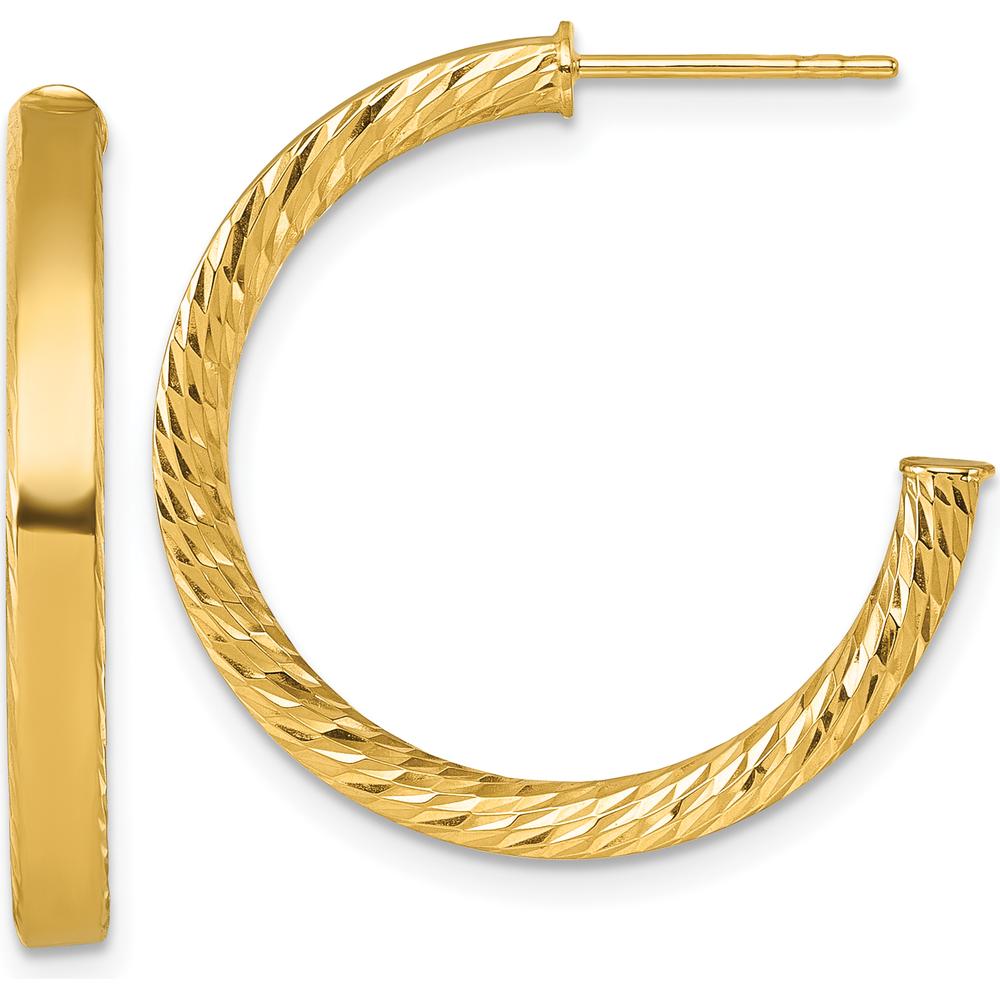 14K Yellow Gold Polished and Diamond-Cut C-Hoop Post Earrings - 25mm by 0